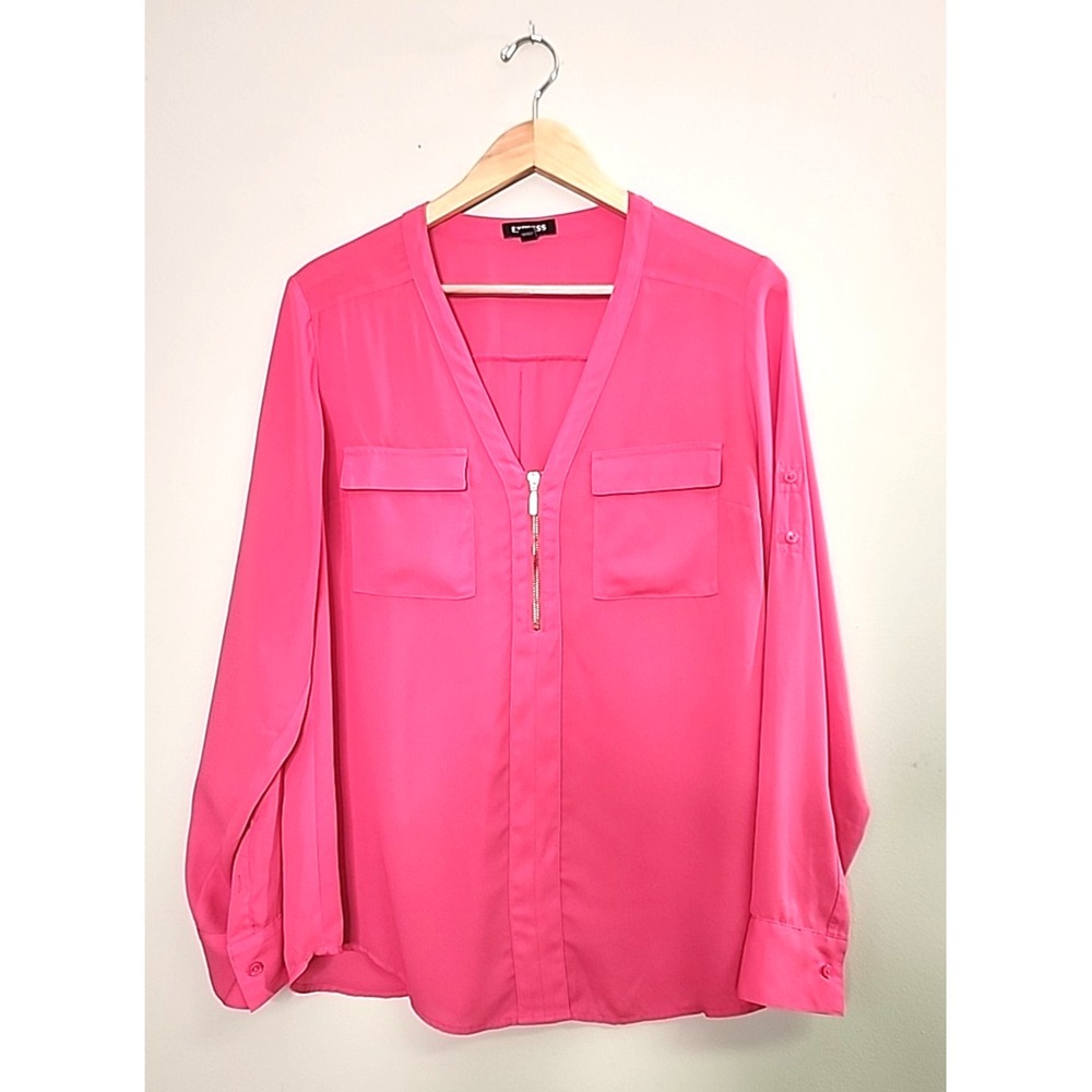 Y2K Express Pink Zip Up V Neck Long Sleeve Chiffon Blouse Top Business Casual